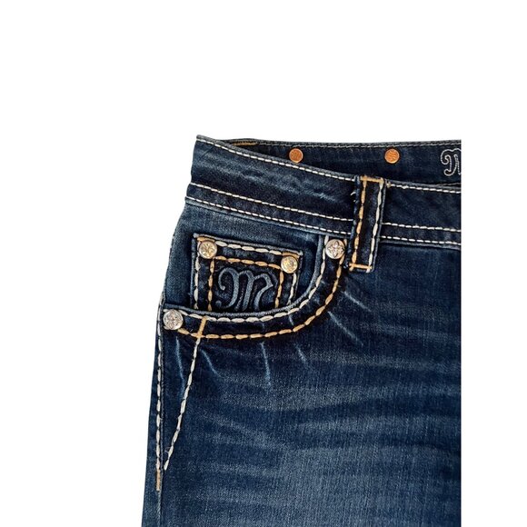 Miss Me Mid Rise Bootcut Jeans Women's Size 27 Blue Denim Dark Wash Big Stitch - Picture 5 of 9